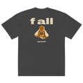 back of the faded black tee, laid flat: big f all, amber and ivory drawing of sauvachi, head bowed in a cap, his name below