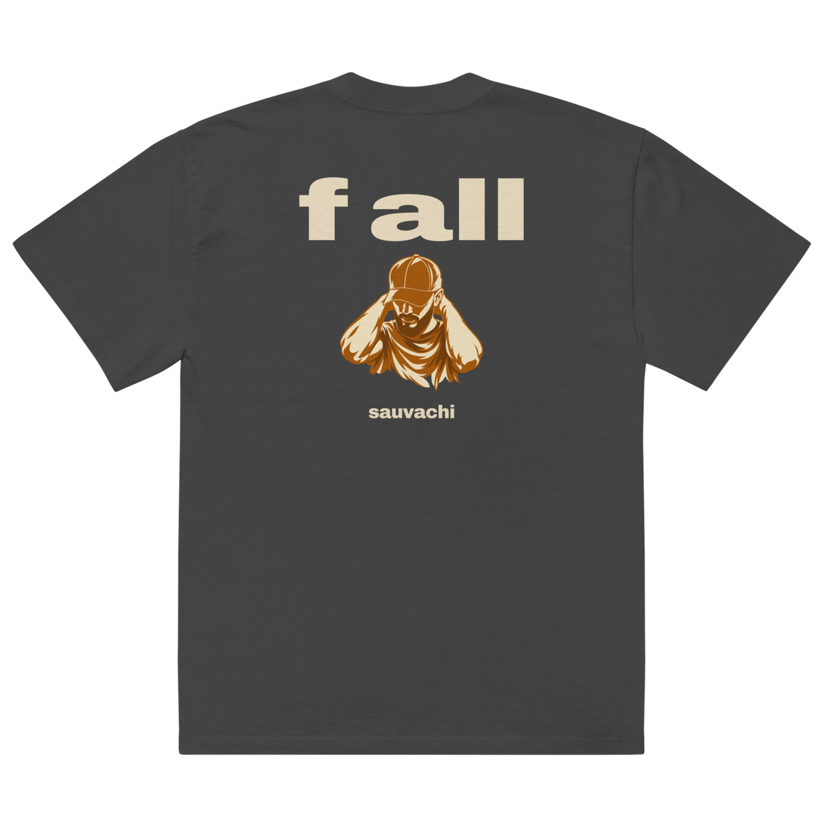 back of the faded black tee, laid flat: big f all, amber and ivory drawing of sauvachi, head bowed in a cap, his name below