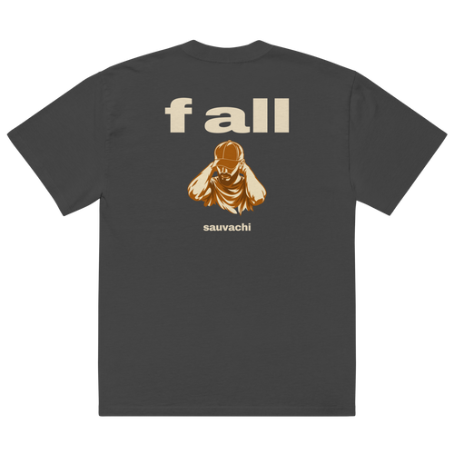 back of the faded black tee, laid flat: big f all, amber and ivory drawing of sauvachi, head bowed in a cap, his name below
