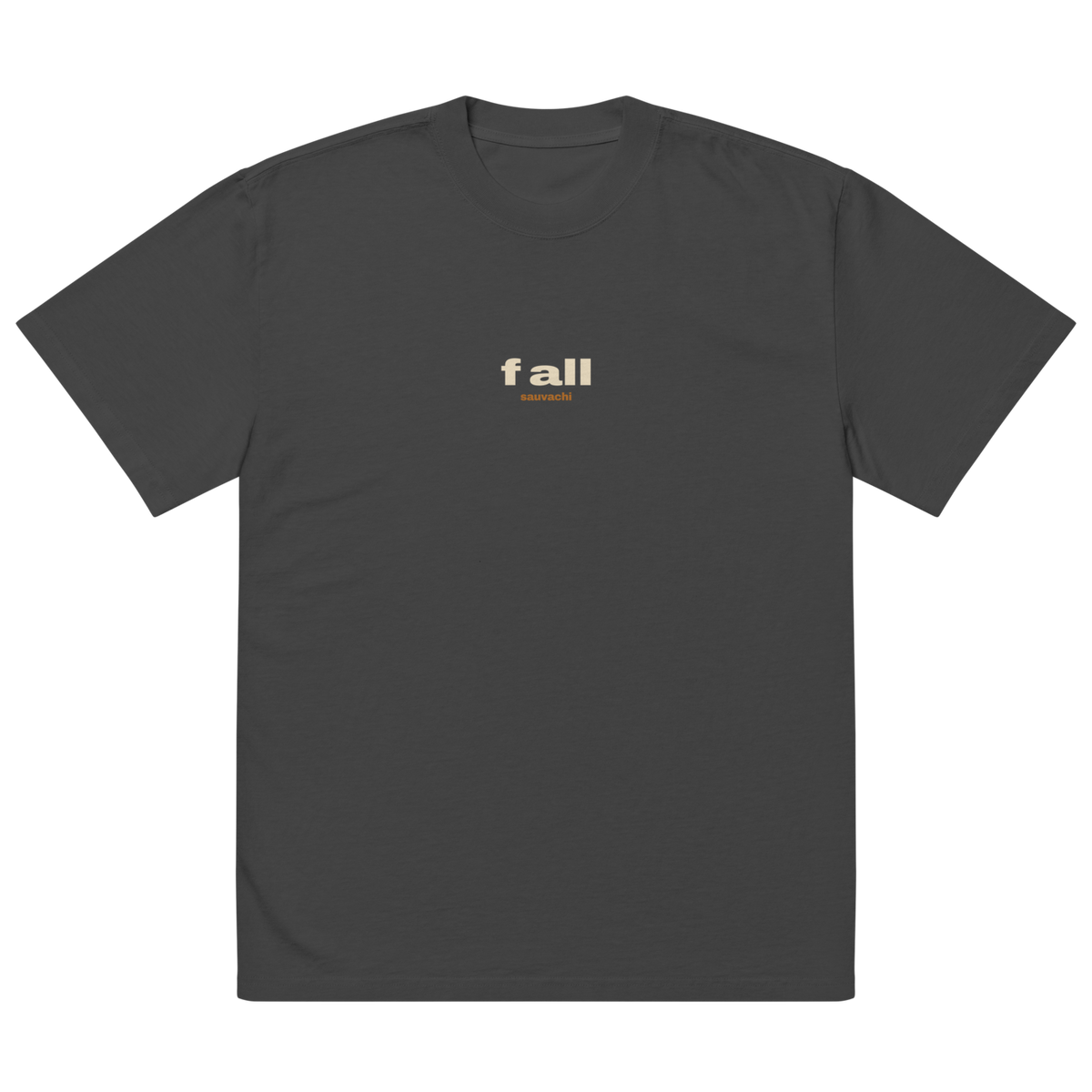 front of the faded black tee, laid flat: a small f all with sauvachi under it on the chest