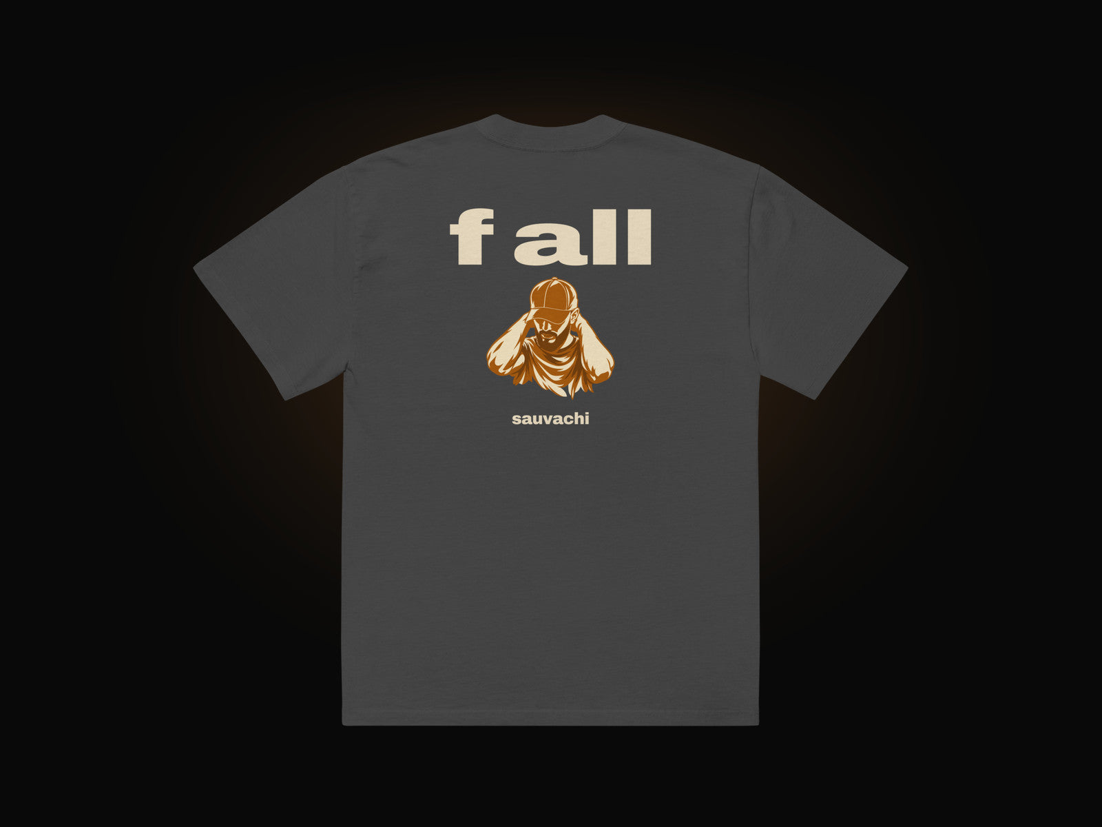 back of the faded black f all tee: a large lowercase f all, an amber and ivory portrait of sauvachi, and his name