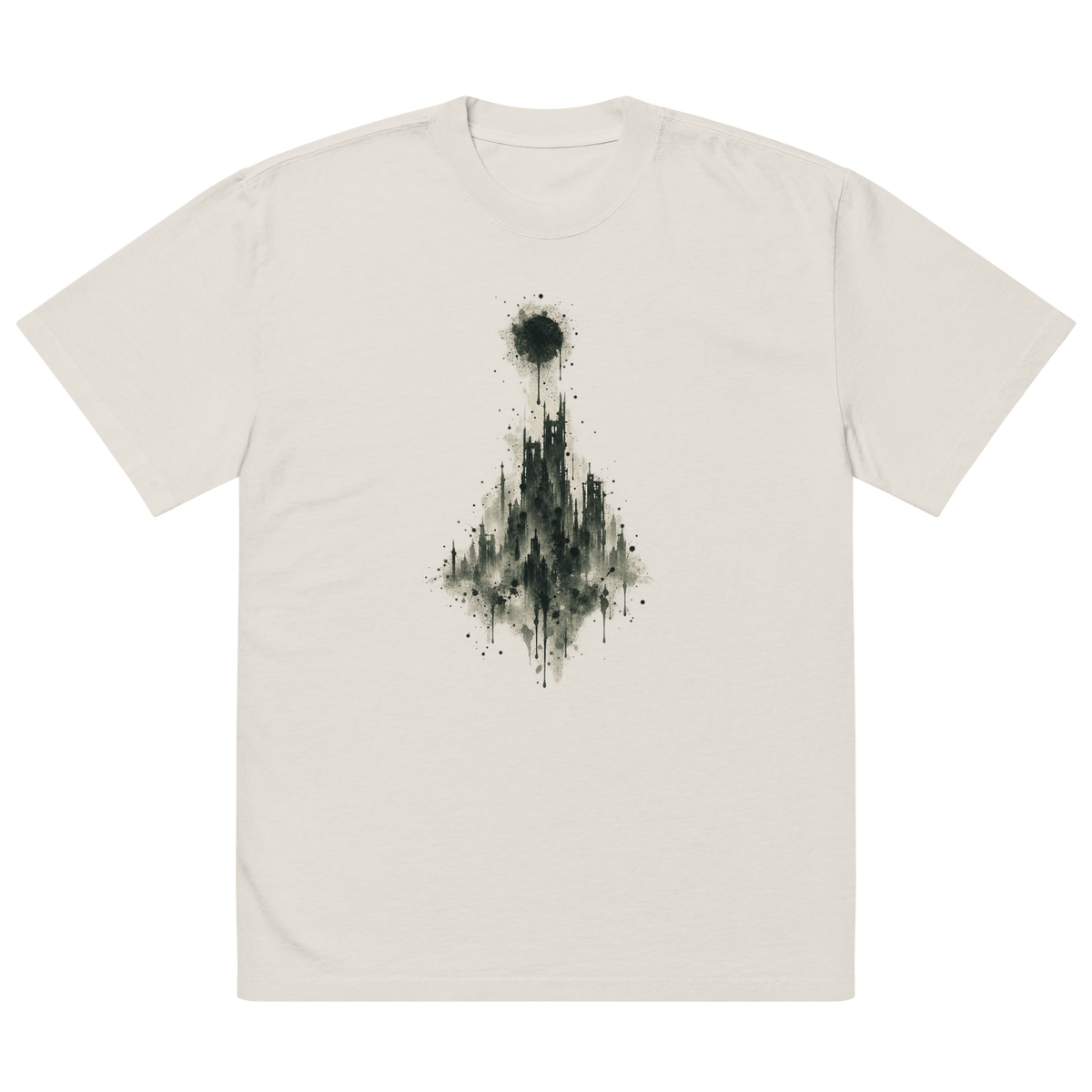 front of the faded bone S4TS oversized tee, printed with an ink-splash city under a black sun from the slimes 4 the slum cover