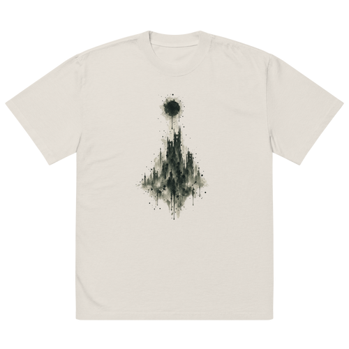 front of the faded bone S4TS oversized tee, printed with an ink-splash city under a black sun from the slimes 4 the slum cover