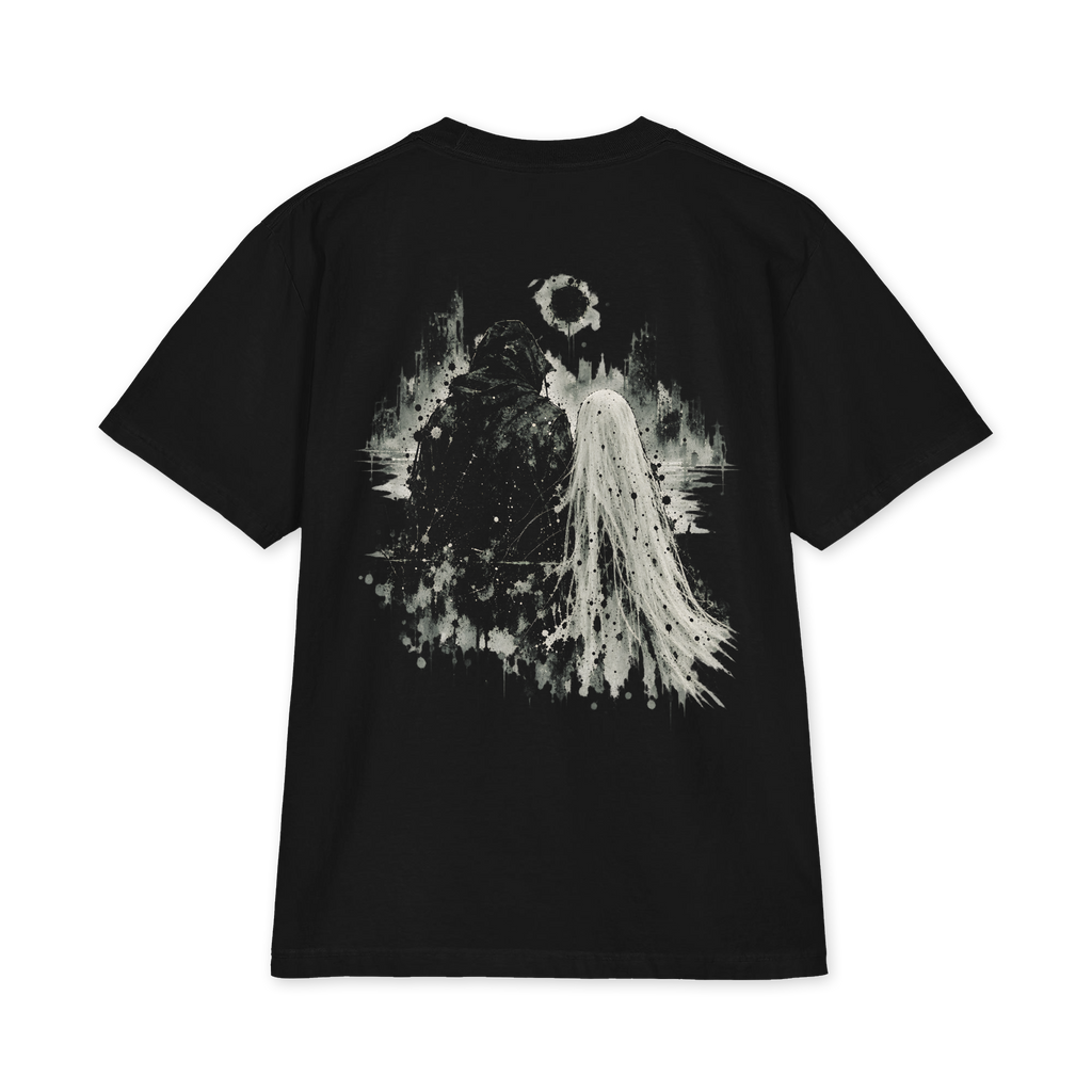 back of the black S4TS heavyweight tee: a large ivory ink-splash print of the two figures from the slimes 4 the slum cover