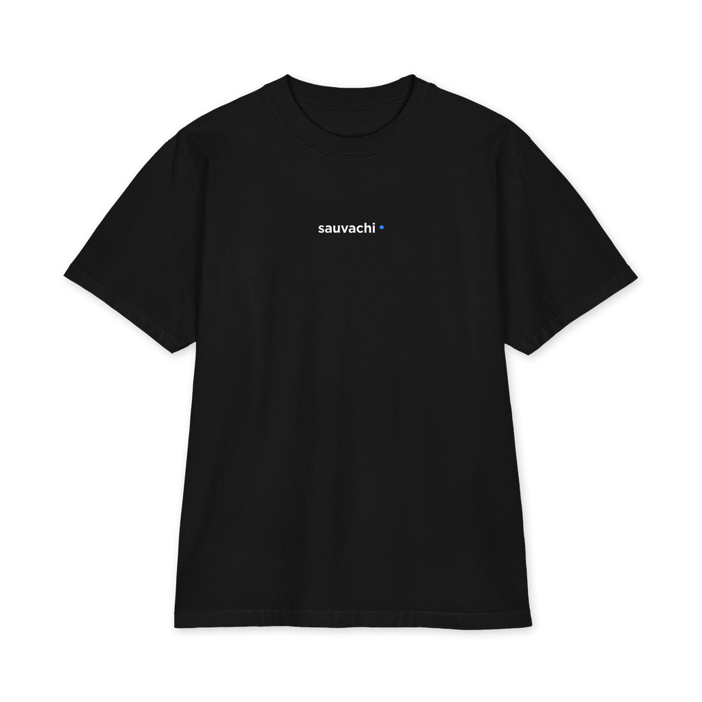front of the black S4TS heavyweight tee with a small sauvachi wordmark and blue dot on the chest