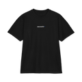 front of the black S4TS heavyweight tee with a small sauvachi wordmark and blue dot on the chest