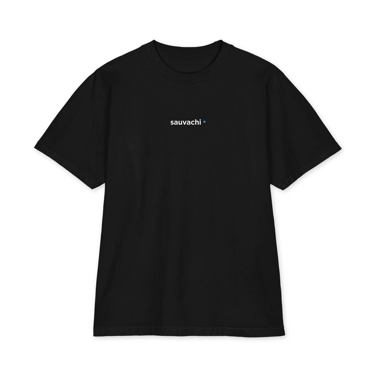 front of the black S4TS heavyweight tee with a small sauvachi wordmark and blue dot on the chest