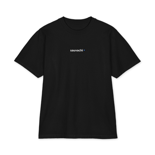 front of the black S4TS heavyweight tee with a small sauvachi wordmark and blue dot on the chest