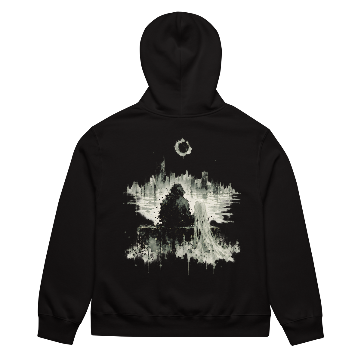 back of the black S4TS oversized hoodie: an ivory ink print of the slimes 4 the slum cover, two figures before a city skyline