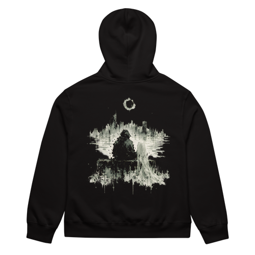 back of the black S4TS oversized hoodie: an ivory ink print of the slimes 4 the slum cover, two figures before a city skyline