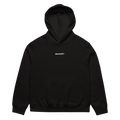front of the black S4TS oversized hoodie with a small sauvachi wordmark and blue dot on the chest