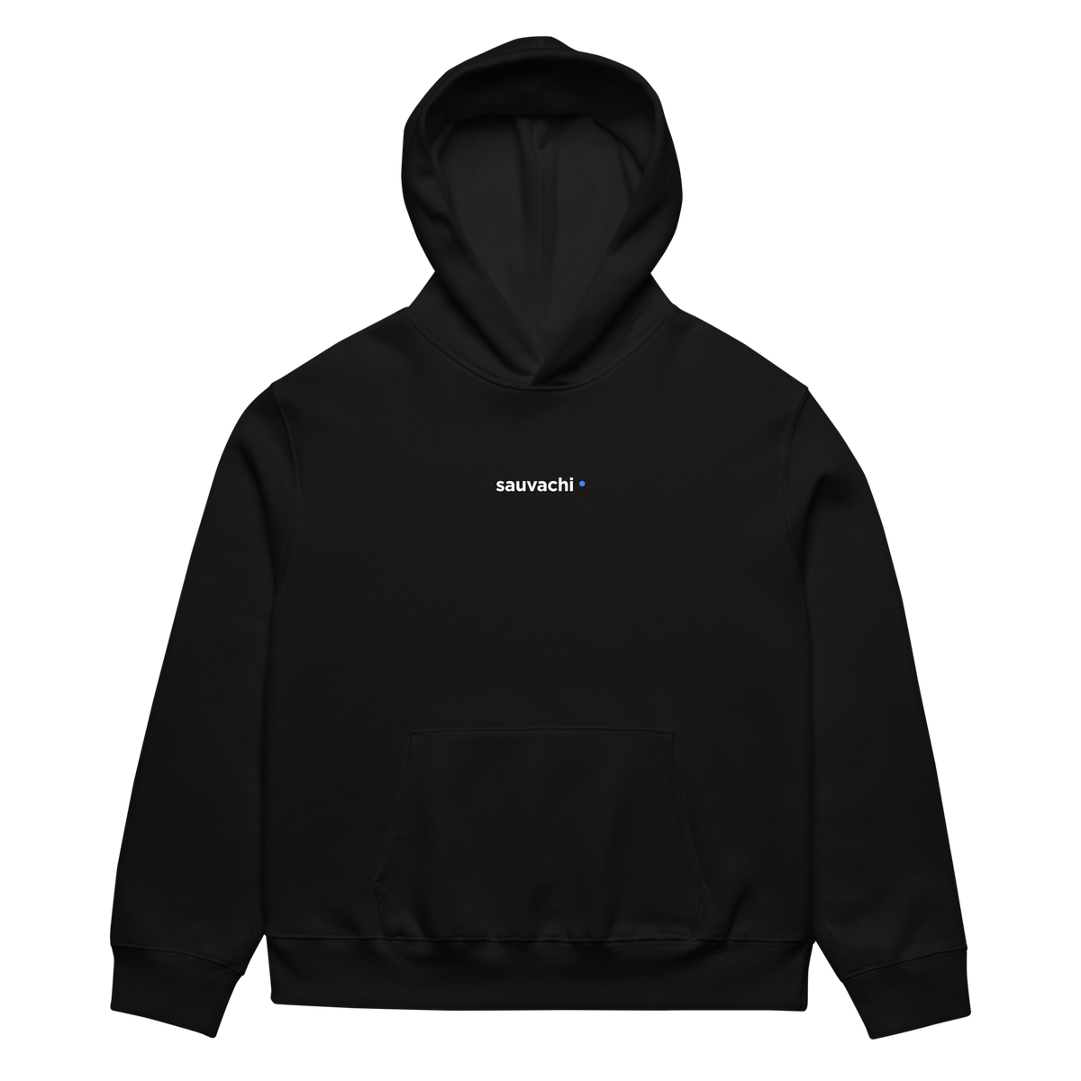 front of the black S4TS oversized hoodie with a small sauvachi wordmark and blue dot on the chest