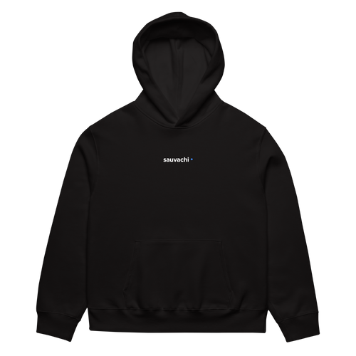 front of the black S4TS oversized hoodie with a small sauvachi wordmark and blue dot on the chest